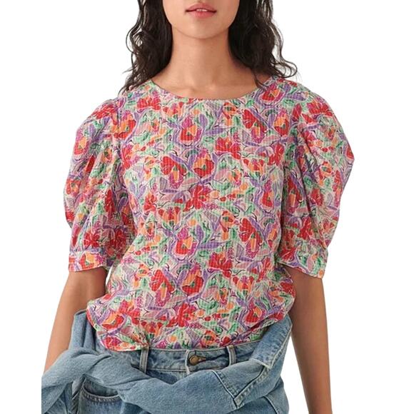 ba&sh Amael Multicolor Floral Print Puff Sleeve Round Neck Blouse Size Medium